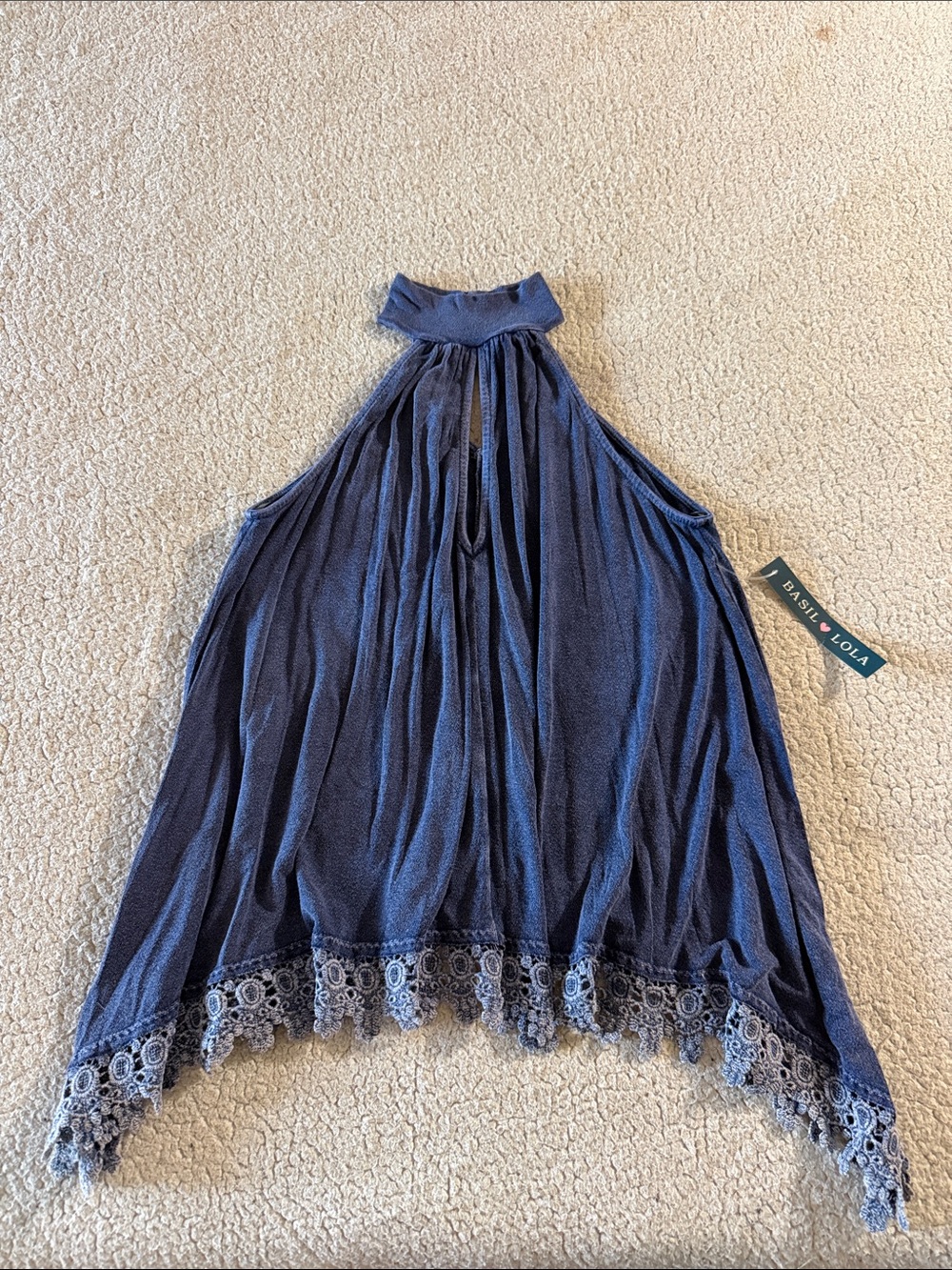 Basil Lola Navy Halter Bohemian Lace-Trim Top Medium New